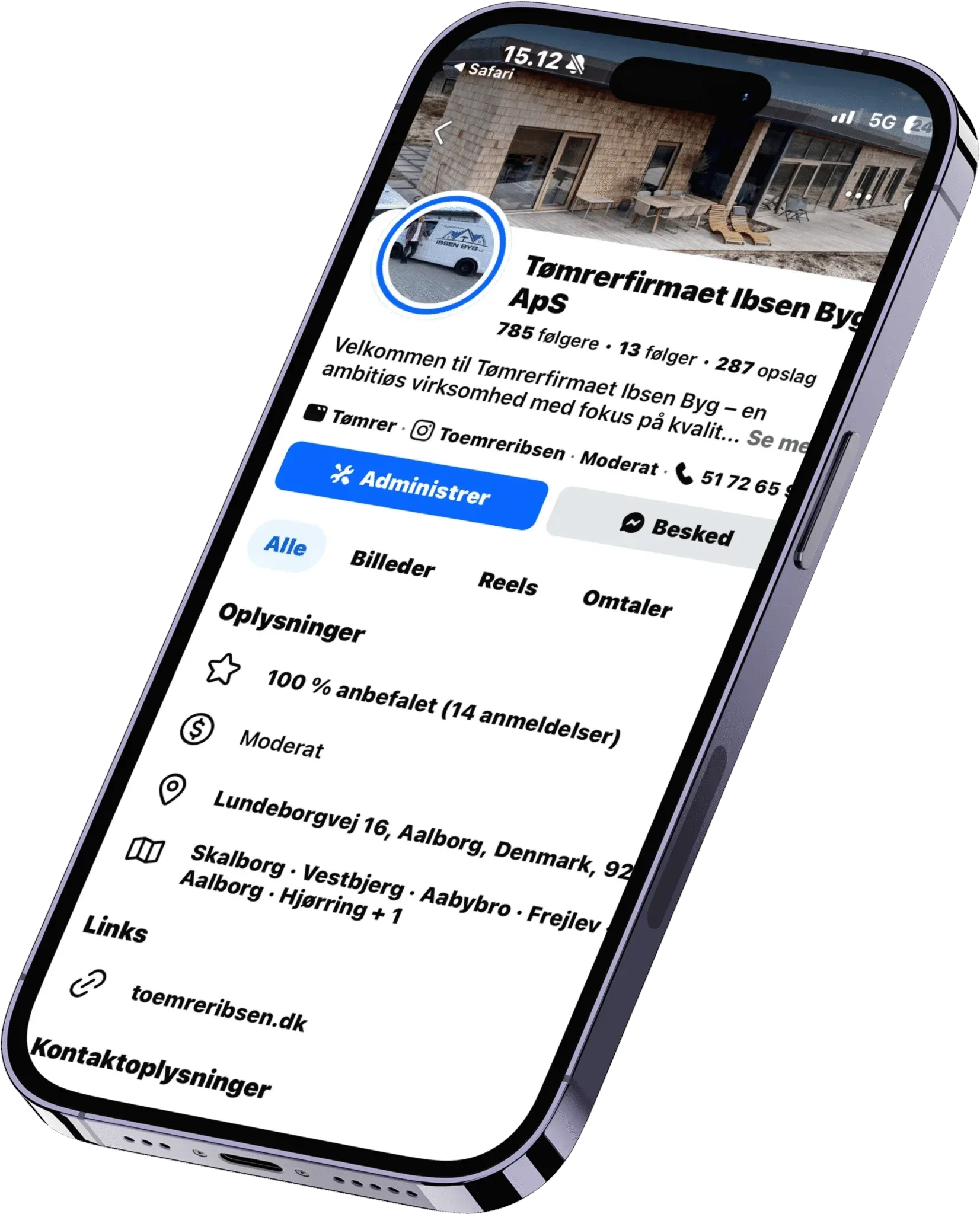 Tømrervirksomheden Ibsen Byg ApS Facebook-side på smartphone