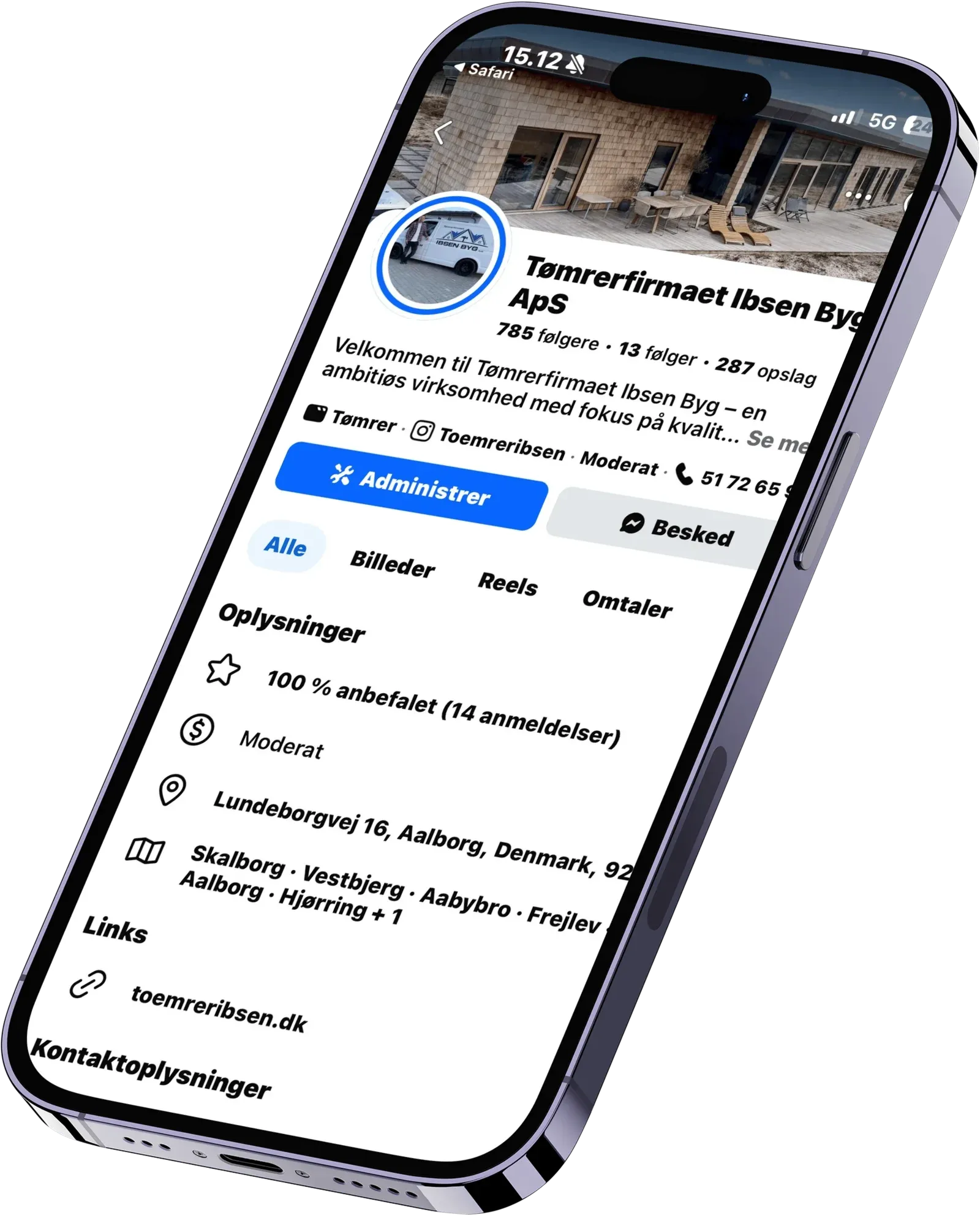 Tømrervirksomheden Ibsen Byg ApS Facebook-side på smartphone